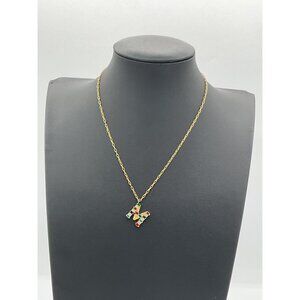 Gold Tone Initial M Pendant Necklace With Colorful Stones & Lobster Clasp
